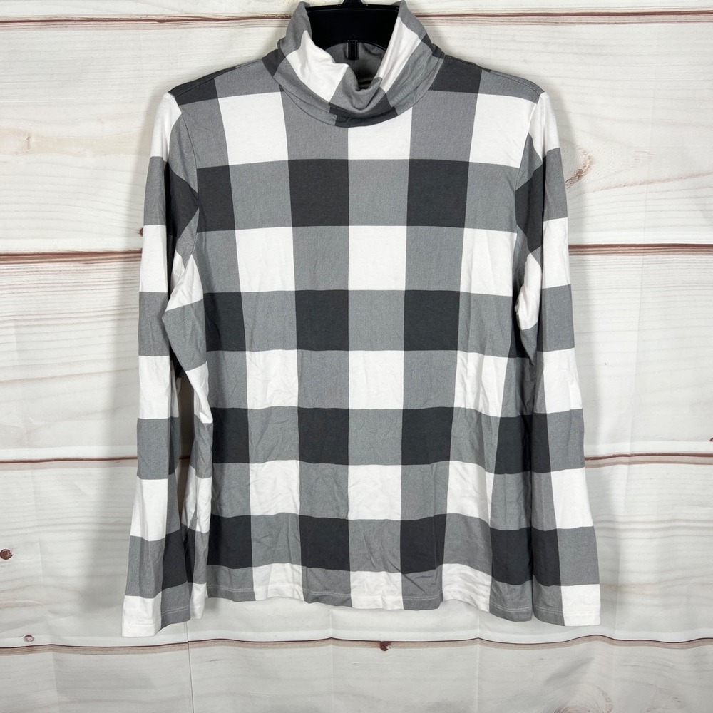 Lands End Top Womens PXL Gray Check Turtleneck T-Shirt Shaped Fit Long Sleeve